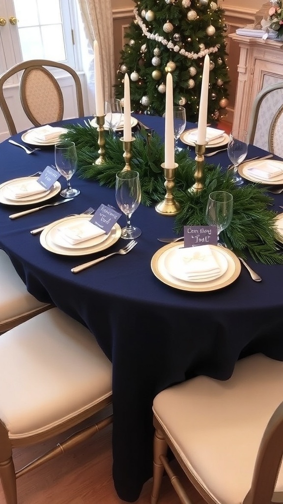 Elegant navy Christmas table setting with white dinnerware and gold accents, decorated with greenery and candles.